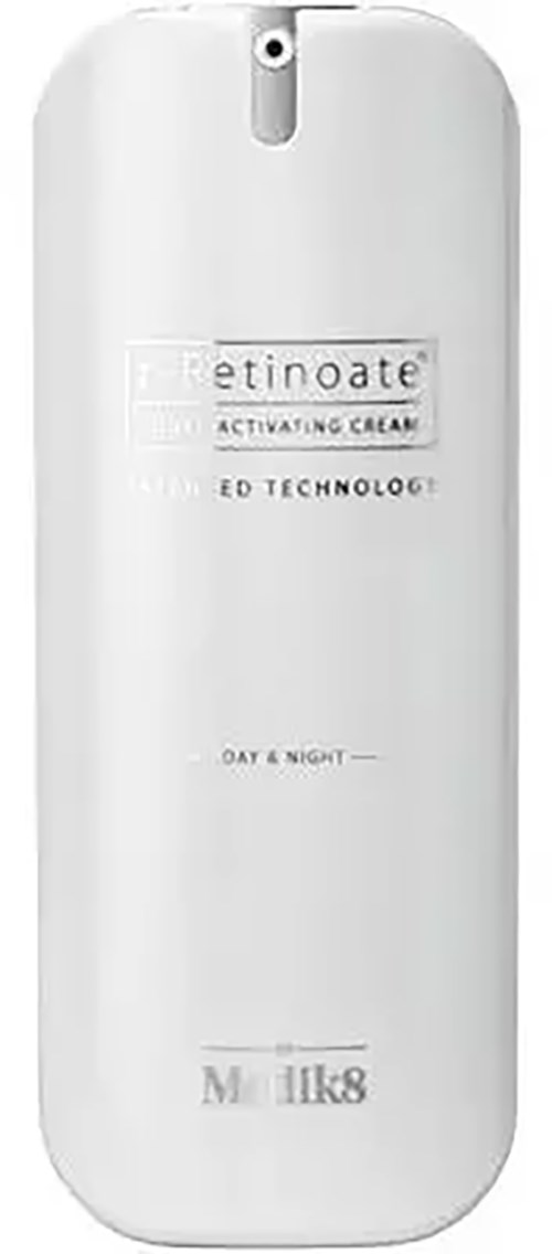 Eine weiße Hautpflegeflasche mit "Retinoate"-Beschriftung und kleiner Öffnung oben.