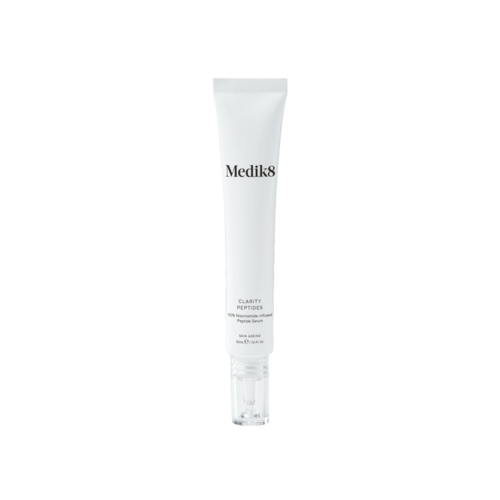 A white tube labeled 'Medik8 Clarity Peptides' with a clear cap, standing vertically.