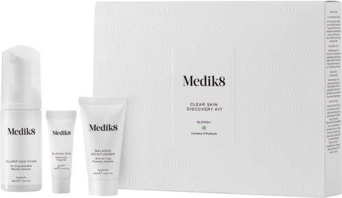 Three skincare products and a box labeled 'Medik8' are displayed together.