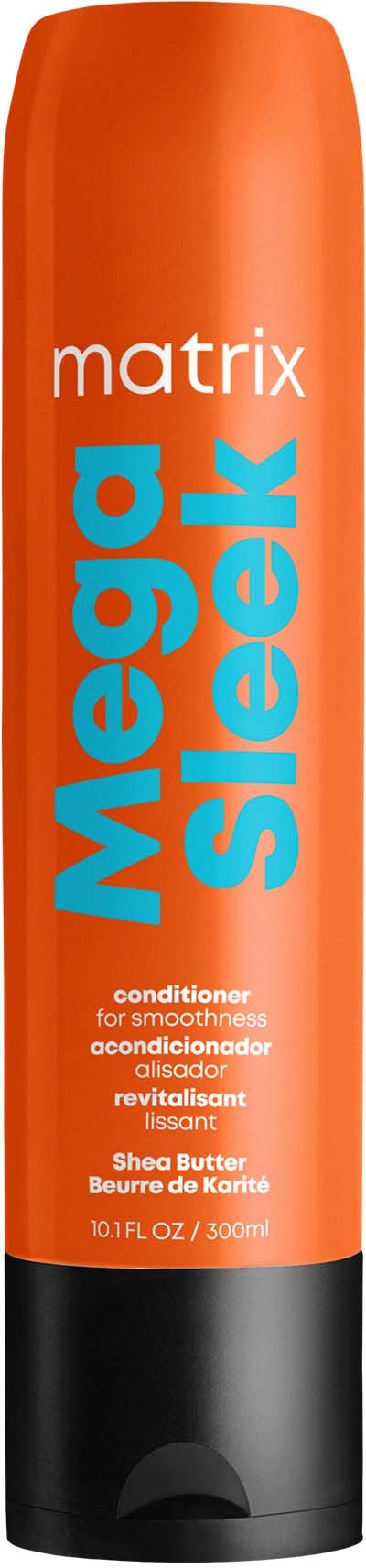 A tall orange and black bottle of Mega Sleek conditioner for smooth hair, containing shea butter.