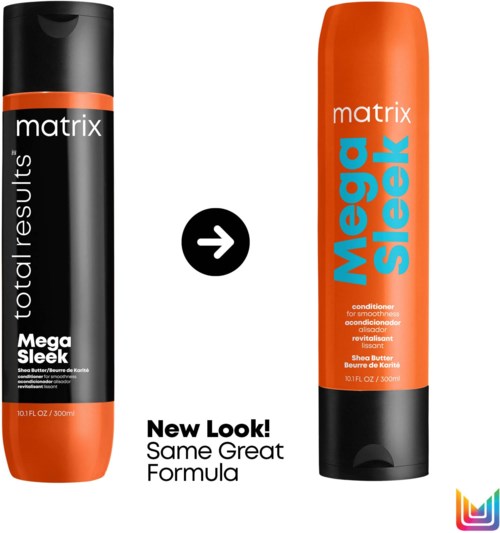Two hair products, one in black and orange, the other in orange, show a brand change with the same formula.