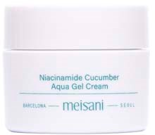 A white jar labeled Niacinamide Cucumber Aqua Gel Cream, brand is Meisani, from Barcelona.