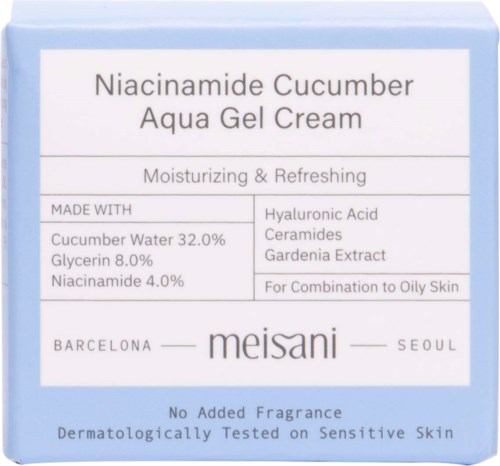 Box with product name, ingredients, and brand Meisani, mentions moisturizing, refreshing, and suitability for oily skin, no fragrance.