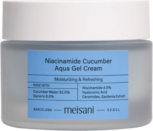 A skincare jar labeled Niacinamide Cucumber Aqua Gel Cream, with ingredients like cucumber water and glycerin, for moisturizing.