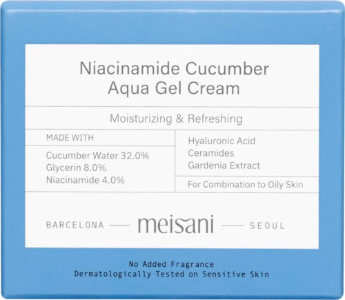 A blue box with white label of Niacinamide Cucumber Aqua Gel Cream, showing ingredients and brand information.