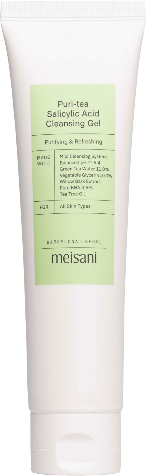 A white tube with green label, named Meisani Puri-tea Salicylic Acid Cleansing Gel, for all skin types.