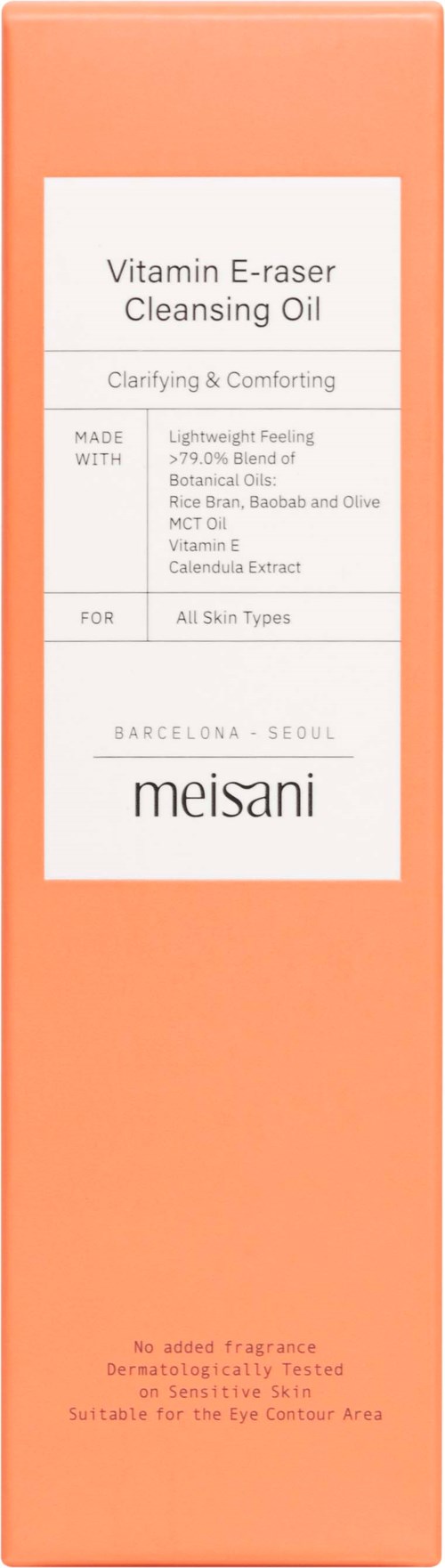 A box of Meisani Vitamin E cleansing oil, designed for all skin types, with a light feeling and ingredients like rice bran.