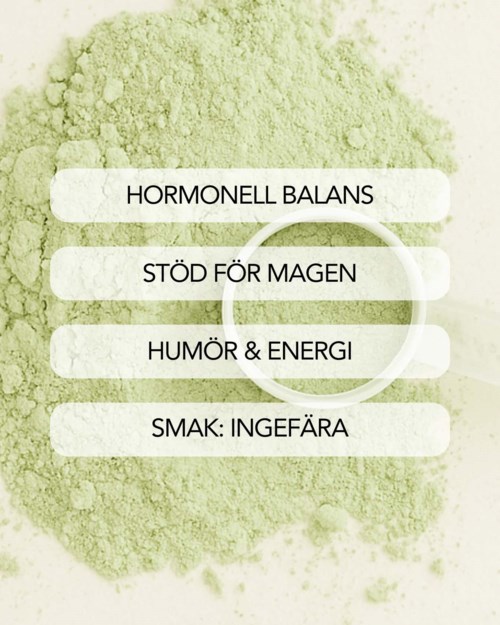 Gröngul bakgrund med fyra vita textfält om hormonbalans, magstöd, humör, energi och smak.