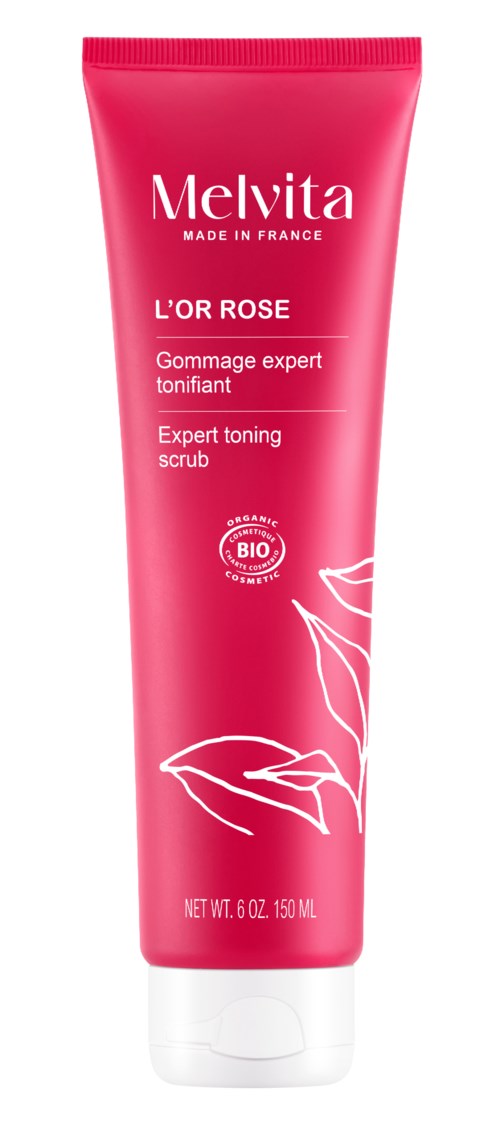 Pink tube with white text for Melvita expert toner scrub, featuring rose leaves illustration and product details.