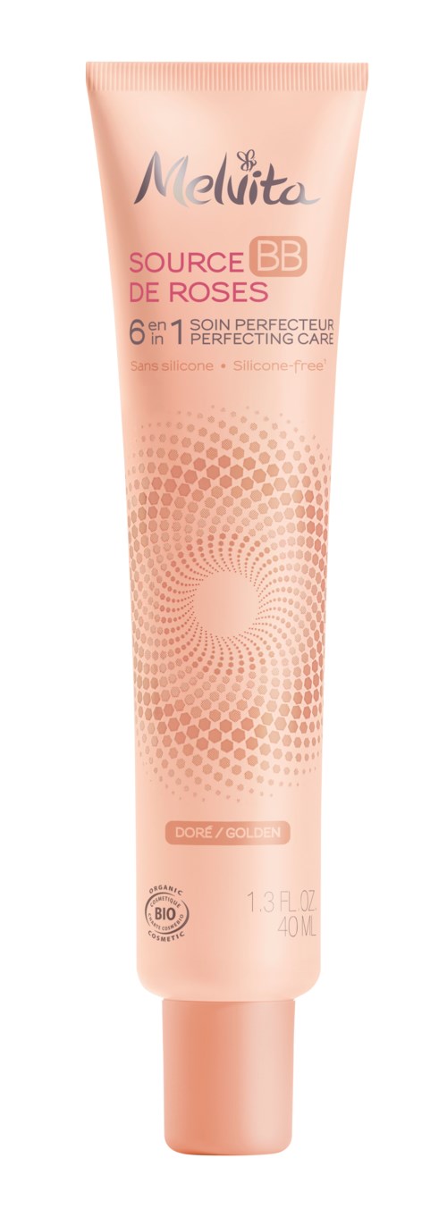Lyserød tube mærket Melvita Source BB med rosedetaljer, 40 ml størrelse, til perfekt hudpleje.