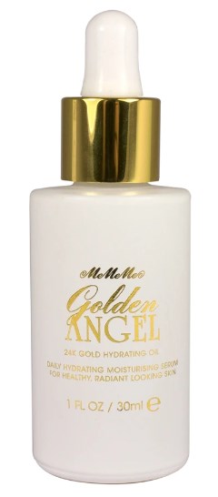 En vit flaska med dropper, guldkapsel och gul text. Den är märkt 'Golden Angel' hudvårdsprodukt.