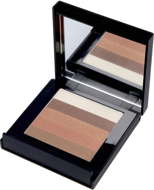 En kompakt makeup-palett med fyra randiga nyanser, inkluderar en spegel i locket.