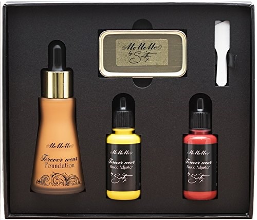 Makeup-kit innehåller foundation, två flaskor av justeringsnyanser, en svamp och en palett. Alla saker är i en svart box.