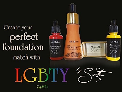En makeupproduktvisning med flaskor och tvål, som främjar att skapa en LGBTQ-vänlig foundation.