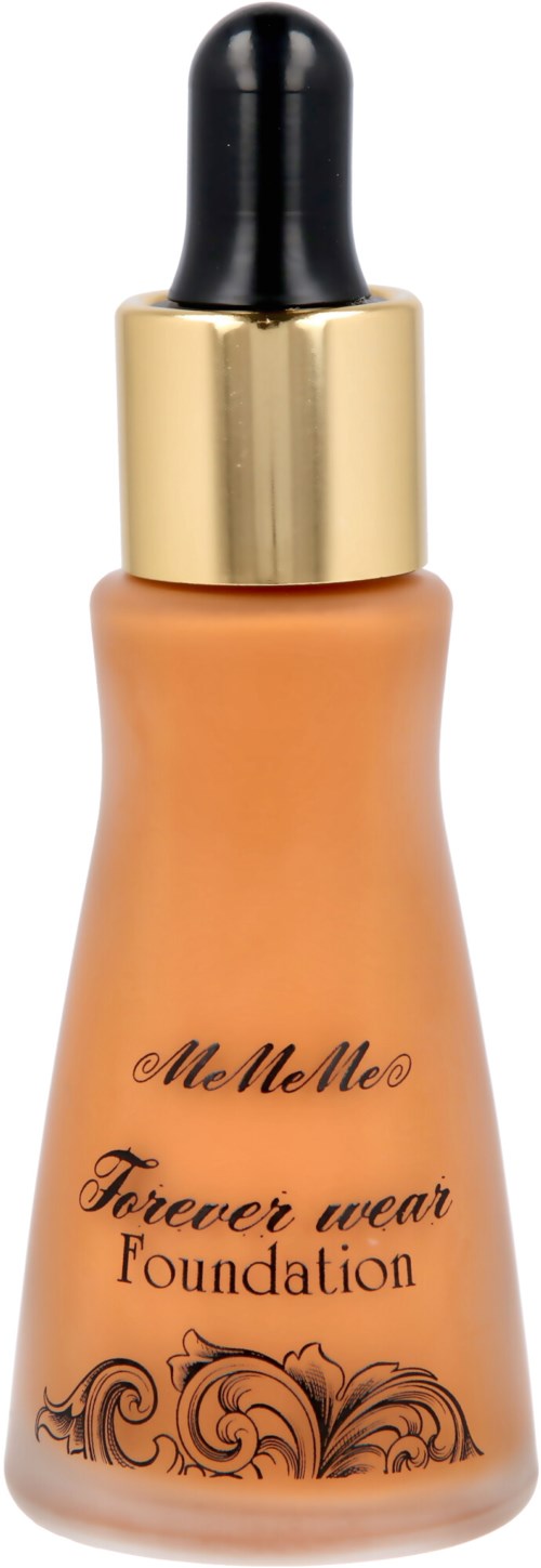 En flaska med beige foundation med en svart och guld dropperlock, märkt "Forever wear Foundation."