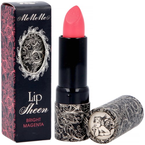 Ett rosa läppstift från märket MeMeMe, märkt 'Lip Sheen Bright Magenta,' har ett utsmyckat svart och vitt erbjudande.