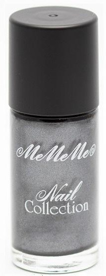 En liten grå flaska med svart lock, märkt 'MeMeMo Nail Collection'.
