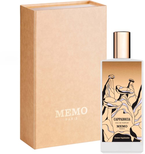 A perfume bottle with a stylish design next to a plain beige box labeled "MEMO PARIS."