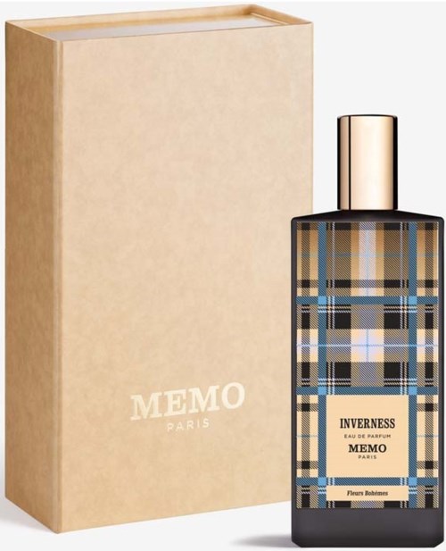 A perfume bottle with a checkered pattern and a beige box labeled 'MEMO PARIS' stands next to it.
