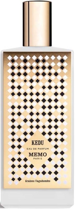En parfyllåda med guldkork, dekorerad med ett svart och beige rutnätsmönster, märkt KEDU MEMO PARIS.