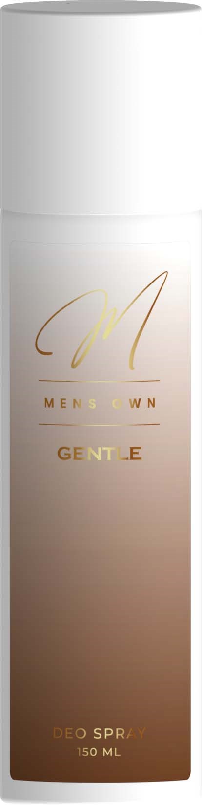 En vit flaska med elegant guld- och brunt text, märkt 'MEN'S GENTLE DEO SPRAY 150 ML'.
