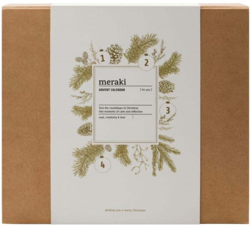 A Christmas advent calendar with green pine leaves and text in a white box on a brown background.