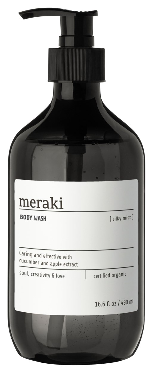 Svart flaske med pumpe, merket 'meraki body wash' med beskrivelse, inneholder økologisk agurk og epleekstrakt, 16,6 fl oz.