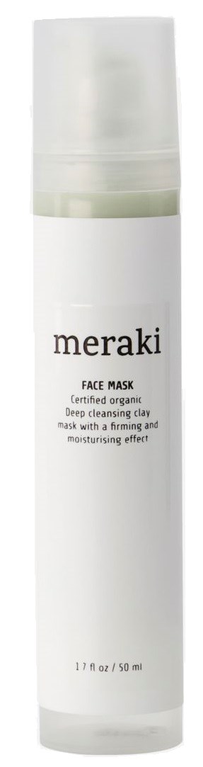 En hvit flaske med pumpe, merket 'meraki face mask', brukt for hudpleie. Den nevner organiske ingredienser og fuktighetsgivende virkninger.