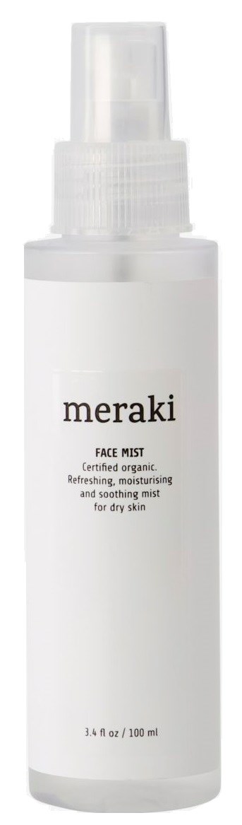 En hvit flaske med ansiktsmist og sprayhode, merket 'meraki' for å friske opp og fukte huden.