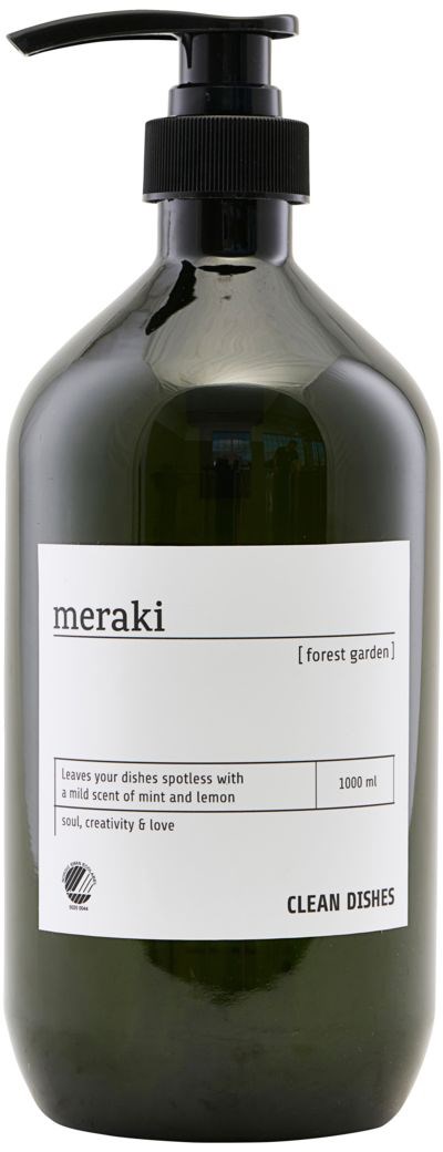 Eine dunkelgrüne Flasche mit schwarzem Pumpkopf, etiketti "meraki" mit Duftbeschreibung, Spülmittelvolumen, "CLEAN DISHES."
