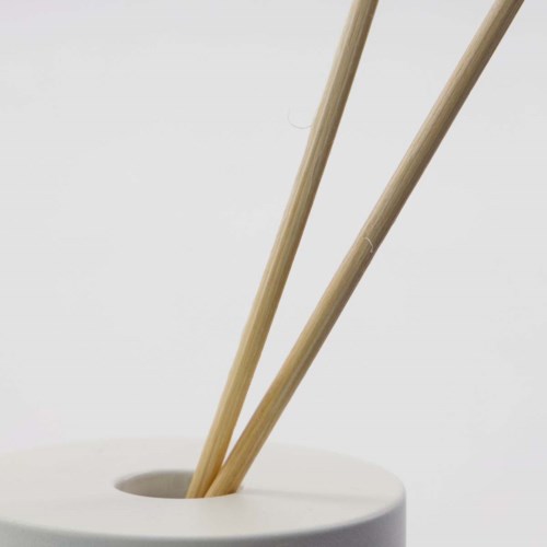 Twee bamboo stokken staan in een witte houder. De achtergrond is eenvoudig en licht.