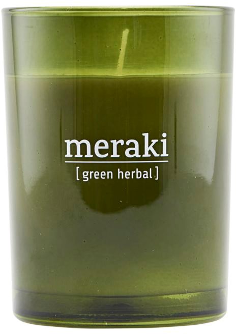 Et grønt urtelys i en gjennomsiktig grønn glassbeholder med merket 'meraki [grønn plante]'.