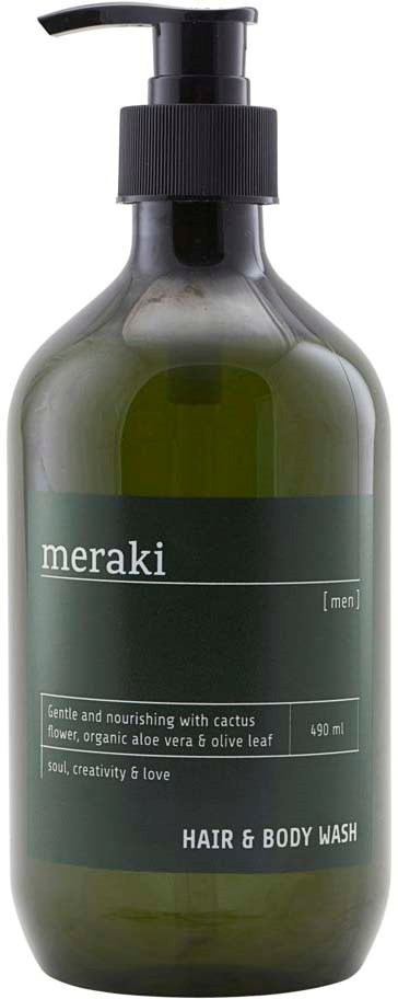 Green bottle with pump, labeled Meraki, contains hair and body wash with natural ingredients, 490 ml.