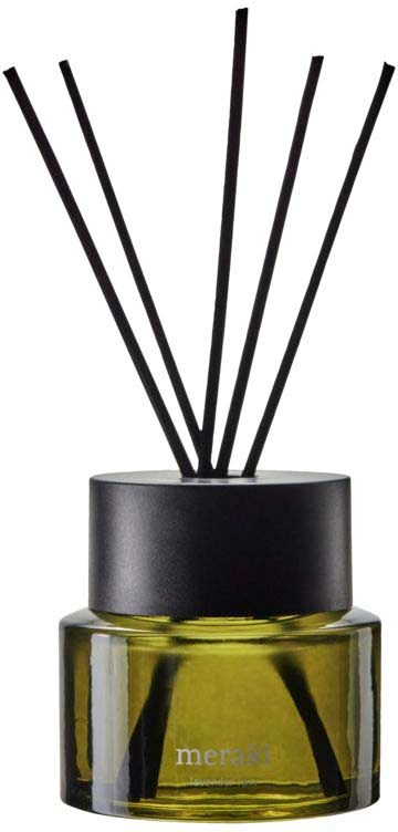 A black round bottle with yellow liquid and black sticks sticking out. It looks like a perfume or aromatherapy diffuser.