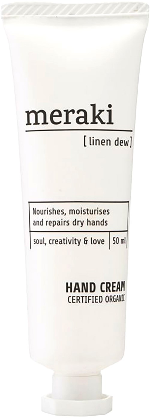 En hvid tube håndcreme mærket 'meraki' med beskrivelser om at nærende og reparere tørre hænder.