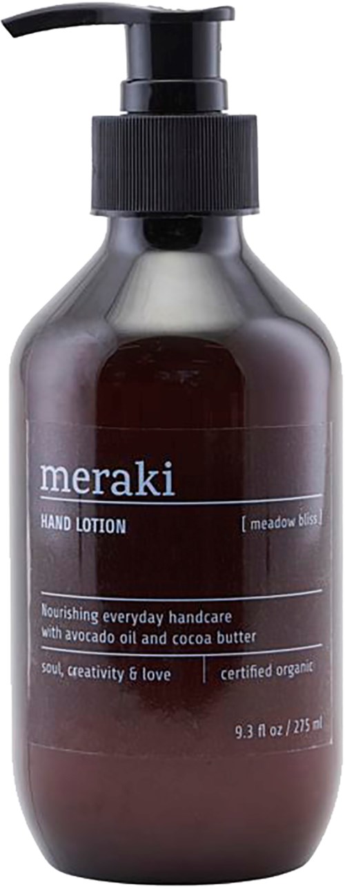 En brun flaske med pumpe mærket 'Meraki håndlotion' indeholdende 9,3 oz af fugtighedscreme.