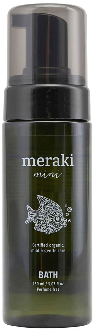 En liten mørkegrønn flaske med svart pumpe merket 'Meraki mini Bath,' som sier den er økologisk og mild, 150 ml.