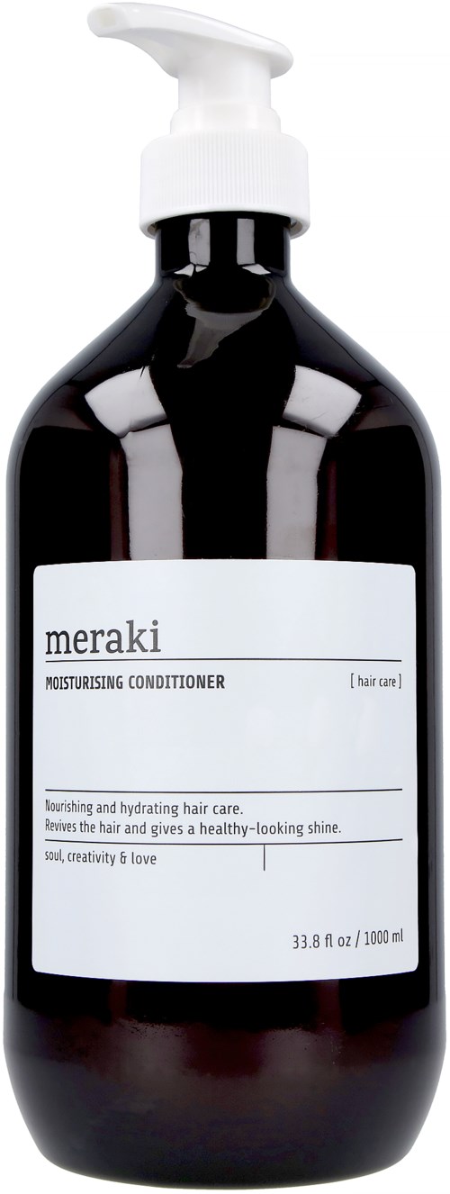 En mörk flaska med pump, märkt 'meraki' för fuktgivande hårvård, rymmer 33,8 fl oz produkt.