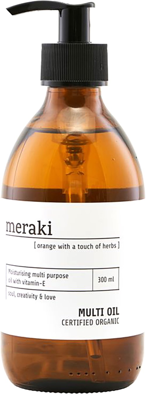 En brun genomskinlig flaska med svart pump, märkt 'meraki' för multifunktionell ekologisk olja, 300 ml.
