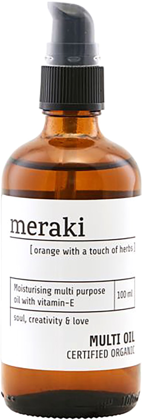 En liten brun flaska med svart pump, märkt 'meraki' med beskrivning och detaljer om ekologisk olja.