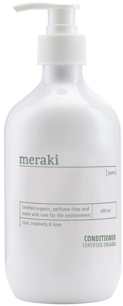 Hvit flaske med Meraki balsam med pumpe, merket som økologisk og miljøvennlig, 490 ml.