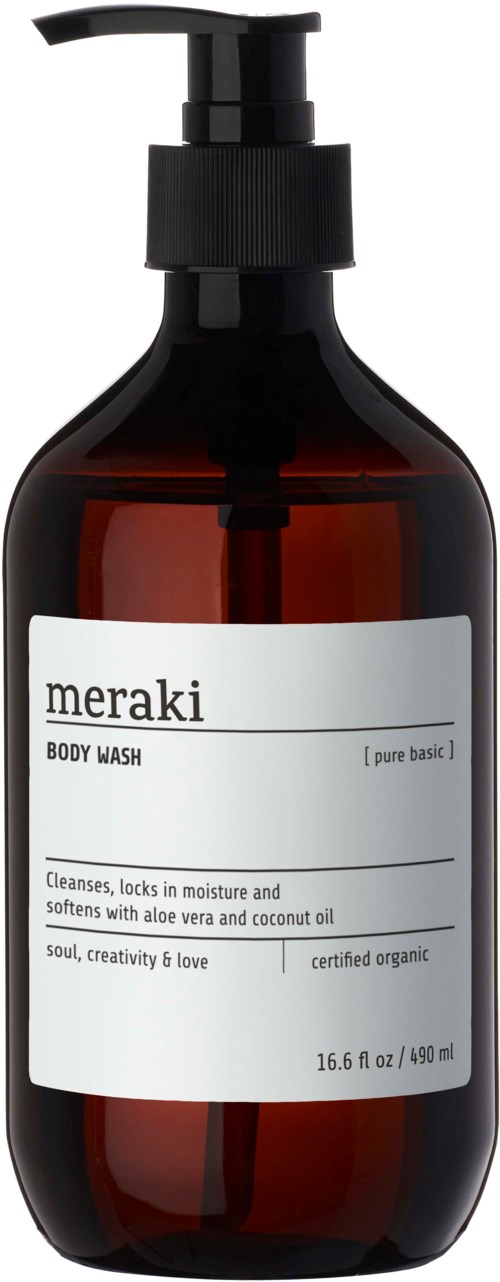En brun flaske med svart pumpe inneholder Meraki kroppsvask, merket som pure basic med organiske ingredienser.