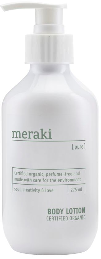 En vit flaska med pump märkt 'meraki pure', innehållande kroppslotion, certifierad ekologisk och miljövänlig.