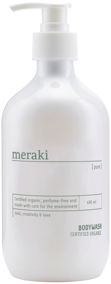 En vit flaska av Meraki kroppsvask med pump, märkt som ekologisk, parfymfri, 490 ml, för vård och omsorg.