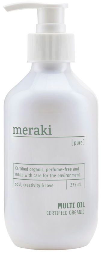 Hvit flaske merket Meraki multi oil, med pumpe, sier at den er økologisk og parfymefri, 275 ml.