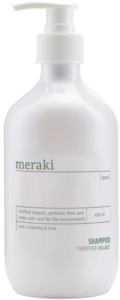 Hvit sjampo-flaske med pumpe, merket 'meraki'. Den nevner økologiske, parfymefri og miljøvennlige ingredienser.