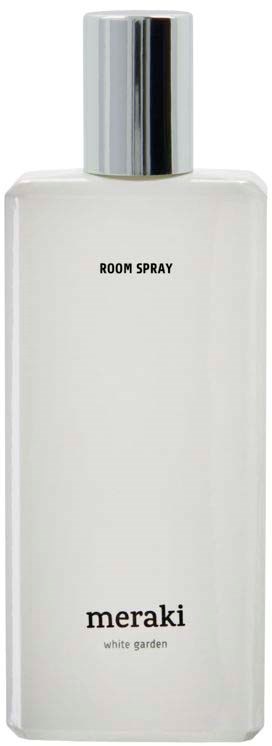 A white spray bottle labeled "Room Spray" and "meraki white garden" with a silver cap.