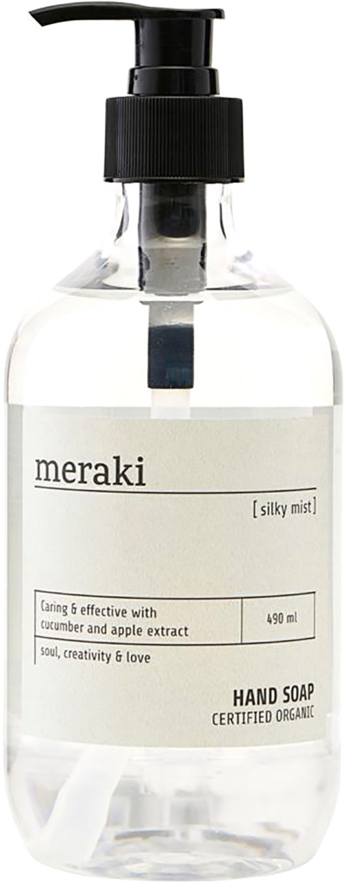 En genomskinlig handtvålflaska med svart pump, märkt 'meraki', innehållande klart flytande tvål.