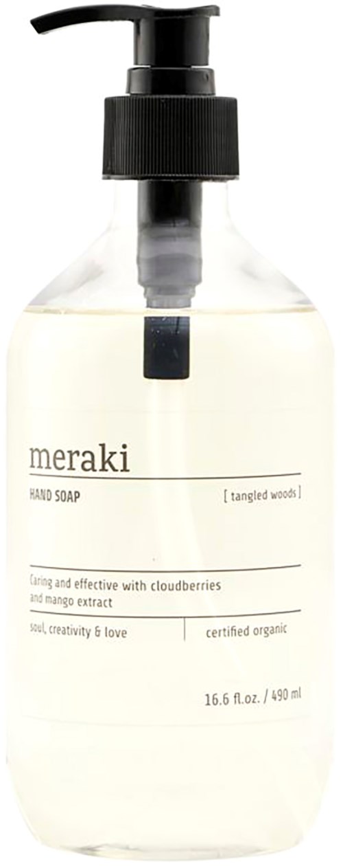 En gennemsigtig pumpeflaske med håndsæbe mærket 'meraki' med naturlige ingredienser som moltebær og mangoe extract.