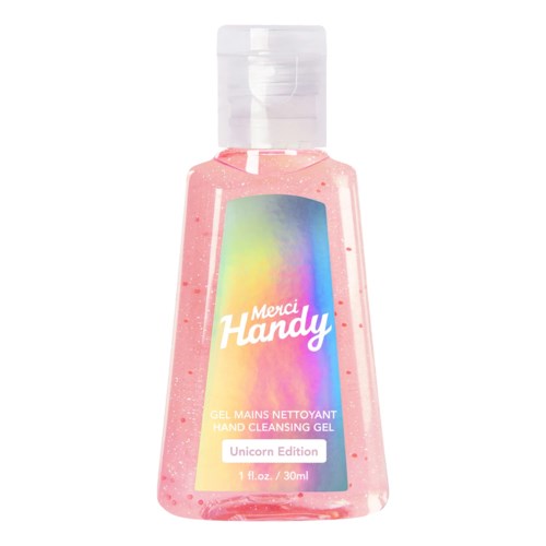 Pink handdesinfektionsgel med färgglad regnbågsetikett,